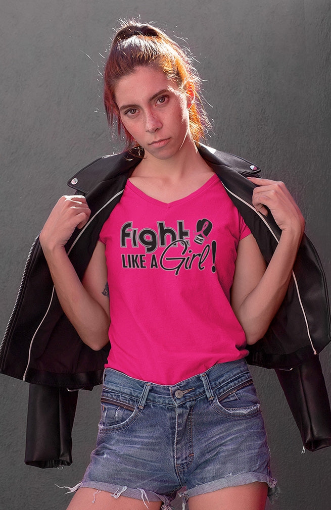 "Fight Like a Girl Signature" Ladies V-Neck T-Shirt - Hot Pink