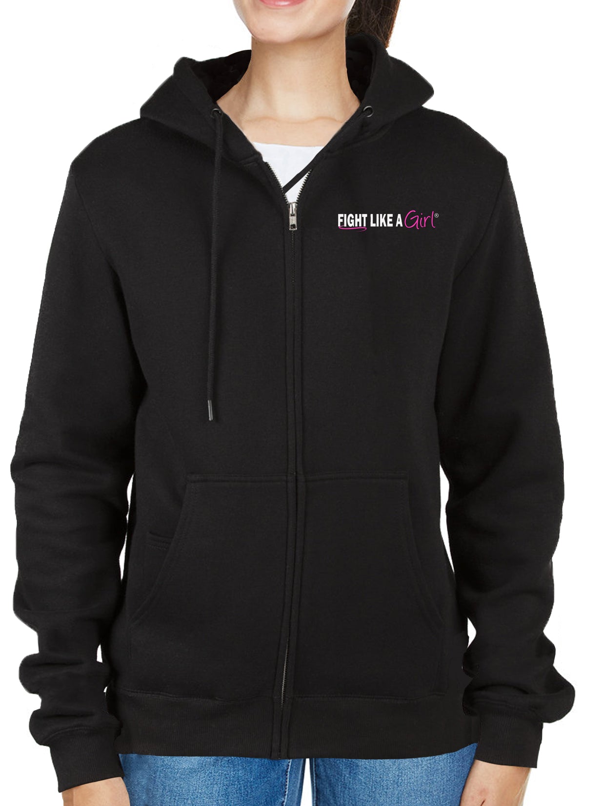 Fight Like a Girl Hybrid Unisex Full Zip Hoodie - Black w/ Pink
