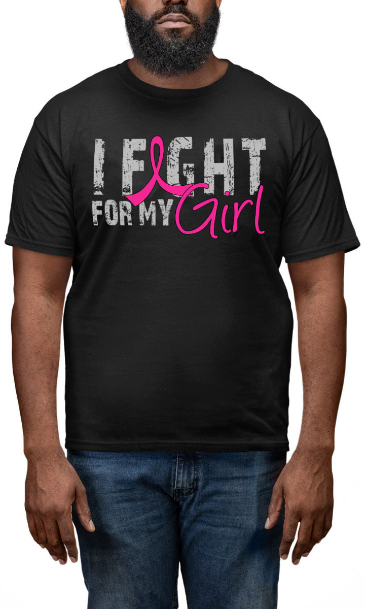 Man wearing a black unisex t-shirt with the I Fight for My Girl Grunge design in pink printed on it.