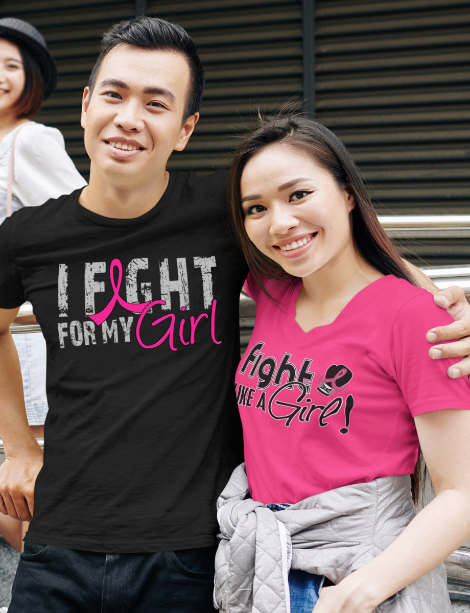 Man wearing a black unisex t-shirt with the I Fight for My Girl Grunge design in pink printed on it.
