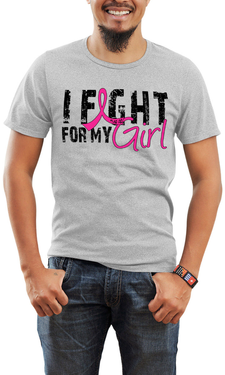 Man wearing a heather grey unisex t-shirt with the I Fight for My Girl Grunge design in pink printed on it.