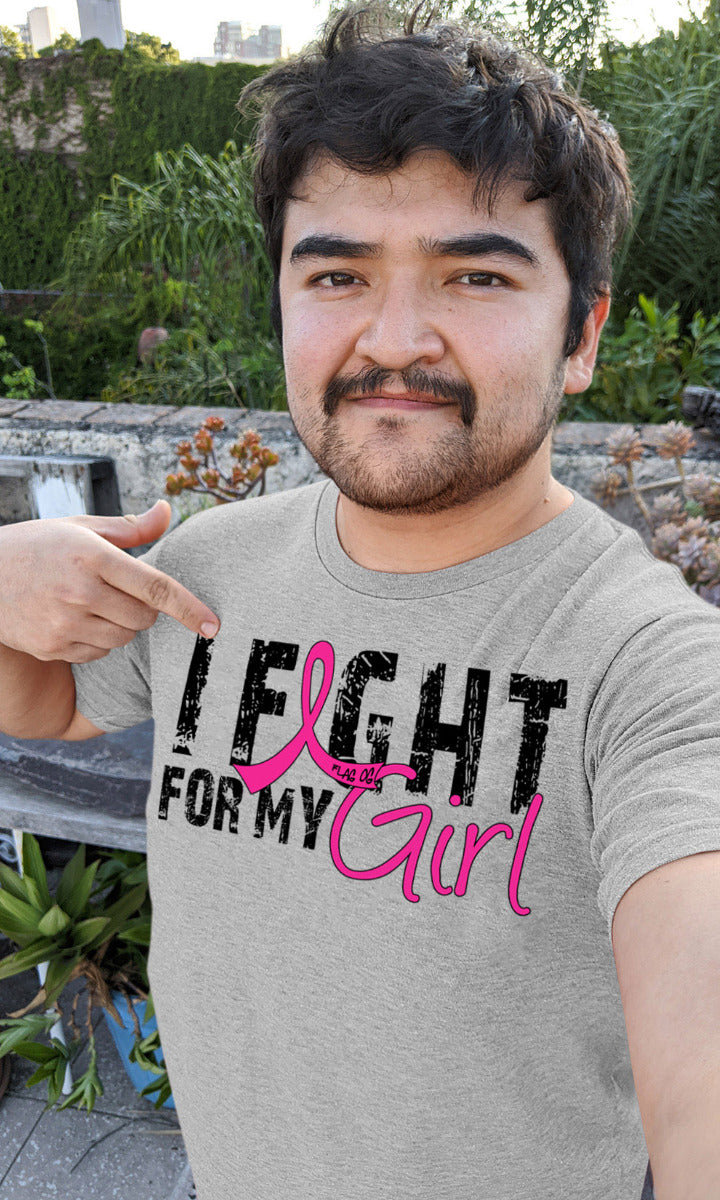 Man wearing a heather grey unisex t-shirt with the I Fight for My Girl Grunge design in pink printed on it.