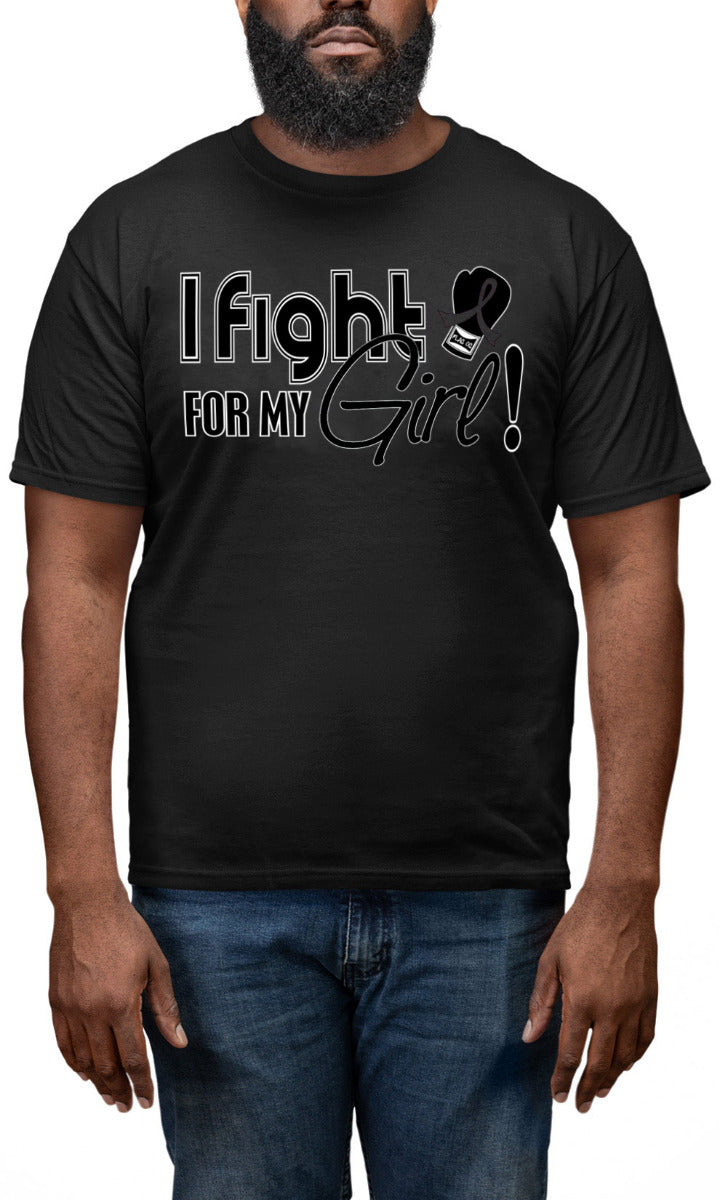 Man wearing a black unisex t-shirt with the I Fight for My Girl Signature design printed on it.