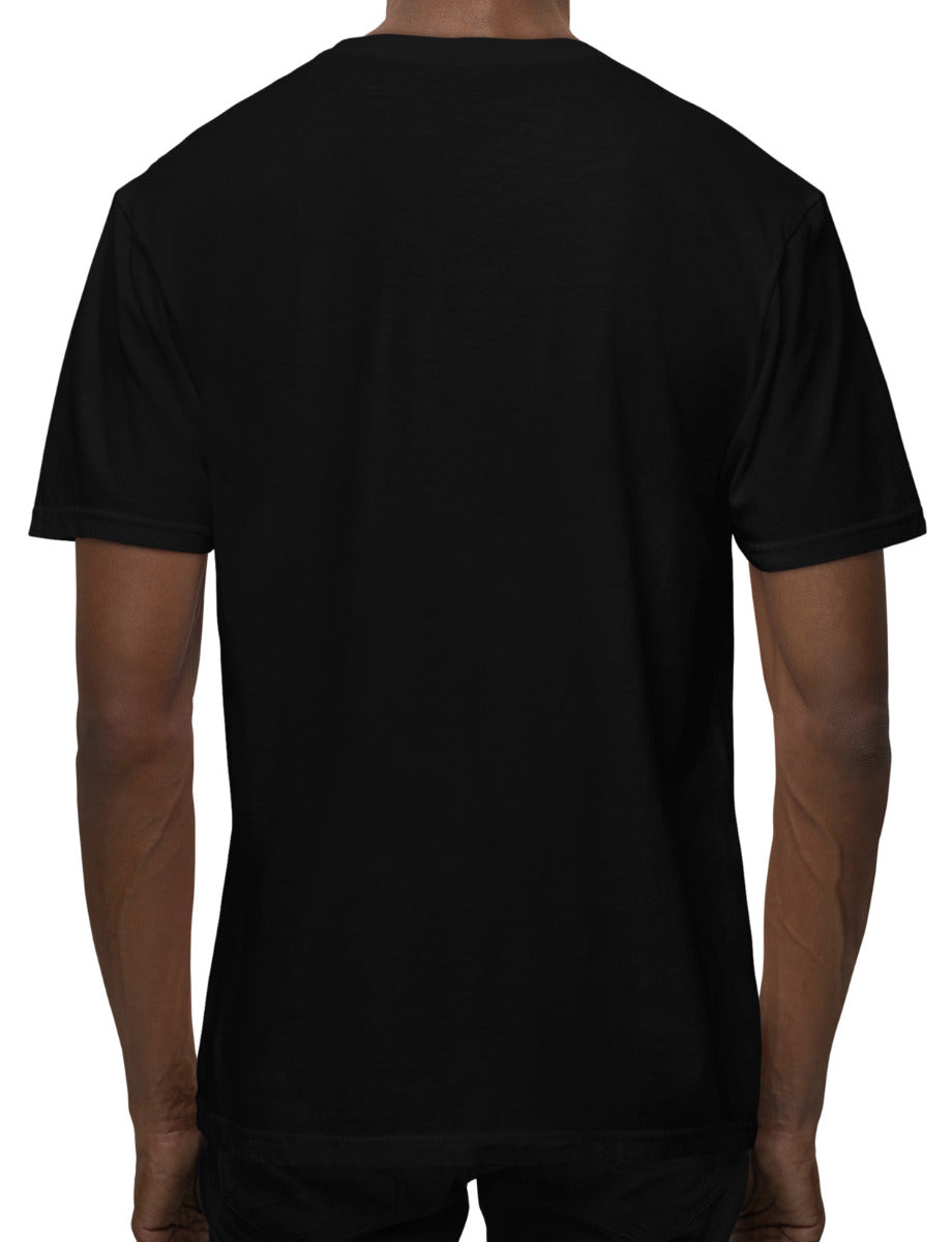 Back of man wearing a black unisex t-shirt. The back of the shirt doesn't have any artwork printed on it.