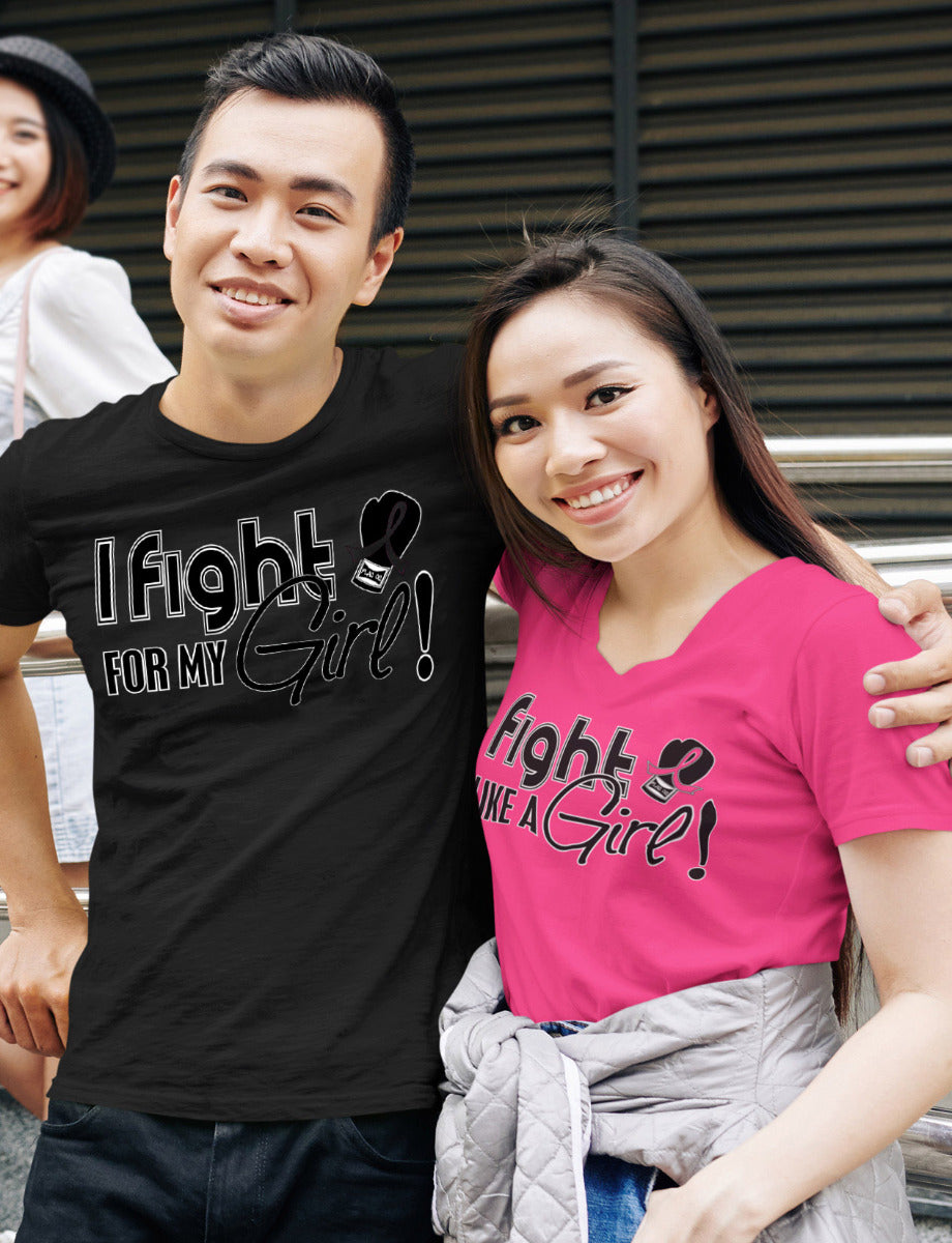 Man wearing a black unisex t-shirt with the I Fight for My Girl Signature design printed on it.