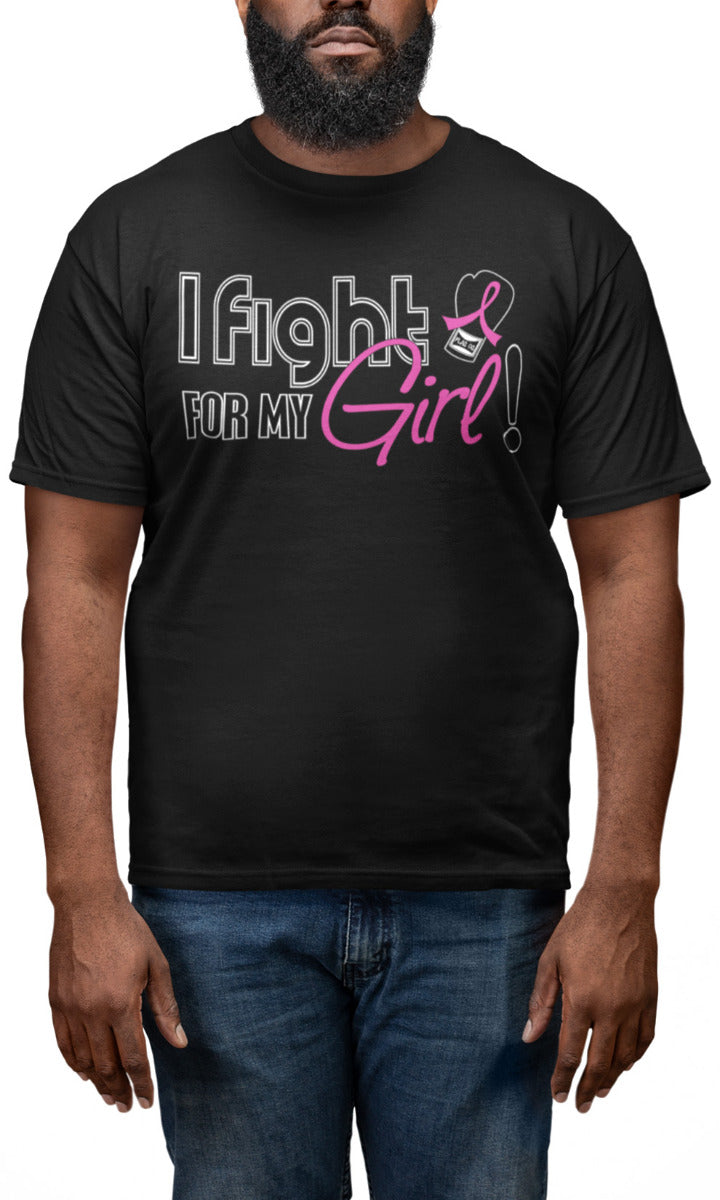 Man wearing a black unisex t-shirt with the I Fight for My Girl Signature design in pink printed on it.