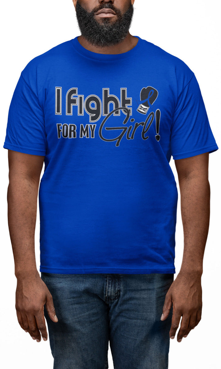 Man wearing a blue unisex t-shirt with the I Fight for My Girl Signature design printed on it.