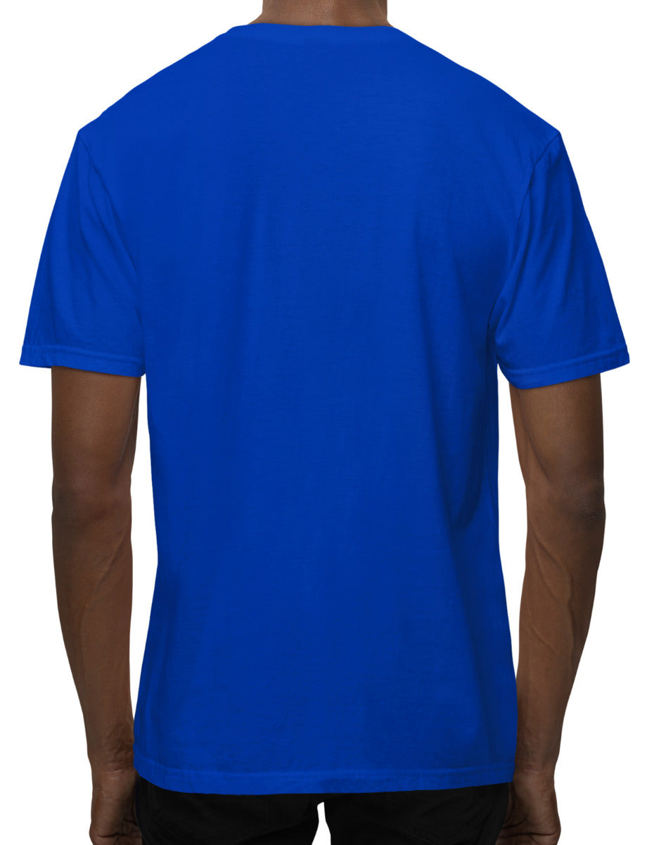 Back of man wearing a blue unisex t-shirt. The back of the shirt doesn't have any artwork printed on it.