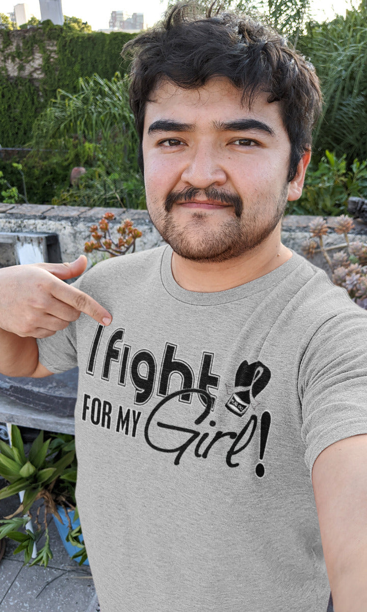 Man wearing a heather grey unisex t-shirt with the I Fight for My Girl Signature design printed on it.