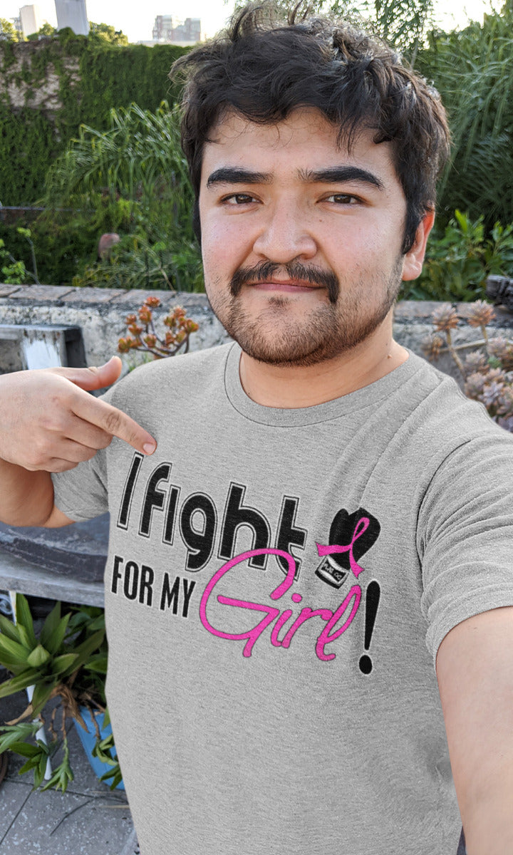 Man wearing a heather grey unisex t-shirt with the I Fight for My Girl Signature design in pink printed on it.