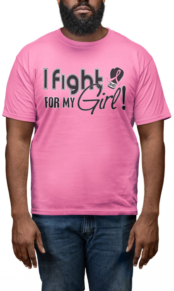 Man wearing a pink unisex t-shirt with the I Fight for My Girl Signature design printed on it.