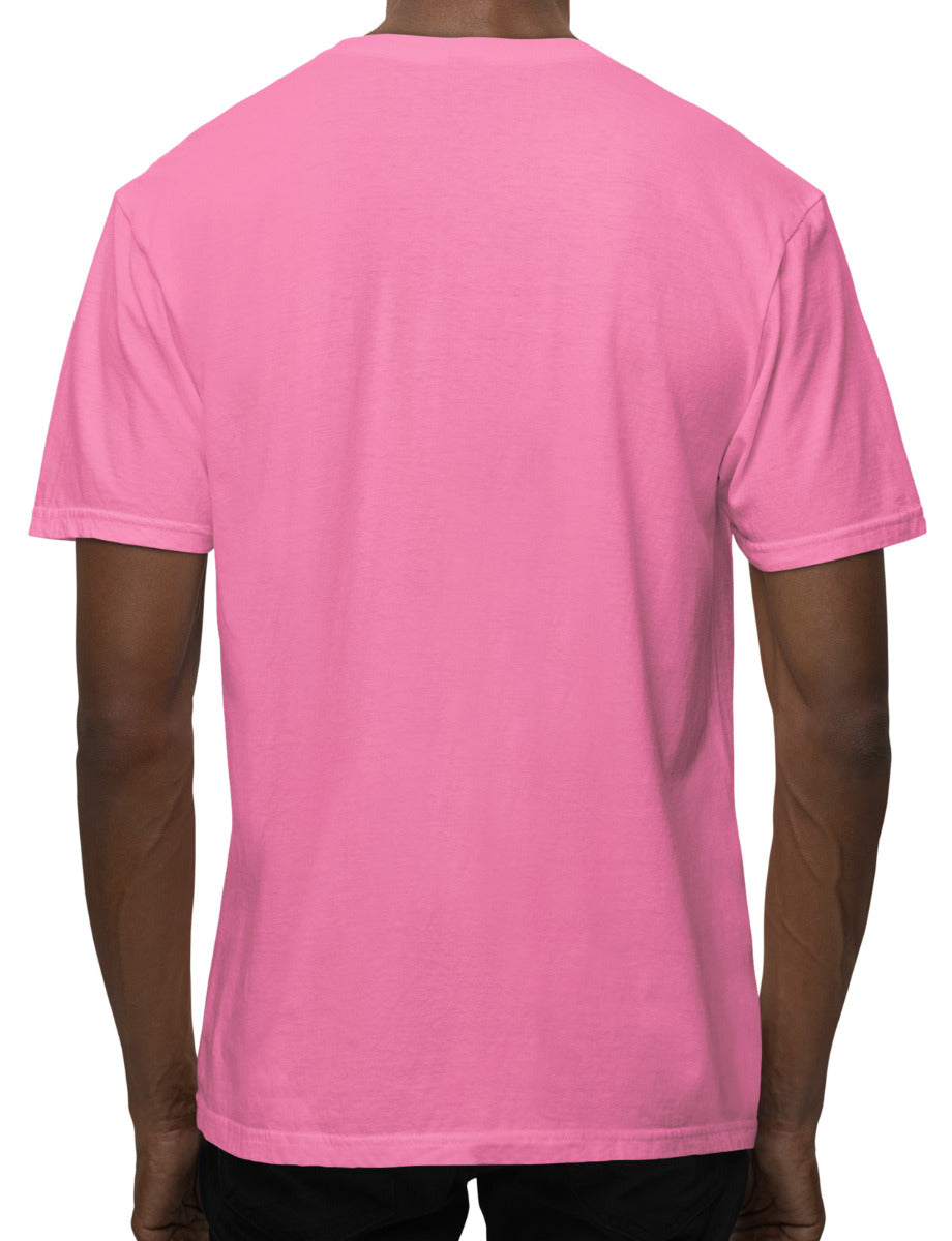 Back of man wearing a pink unisex t-shirt. The back of the shirt doesn't have any artwork printed on it.