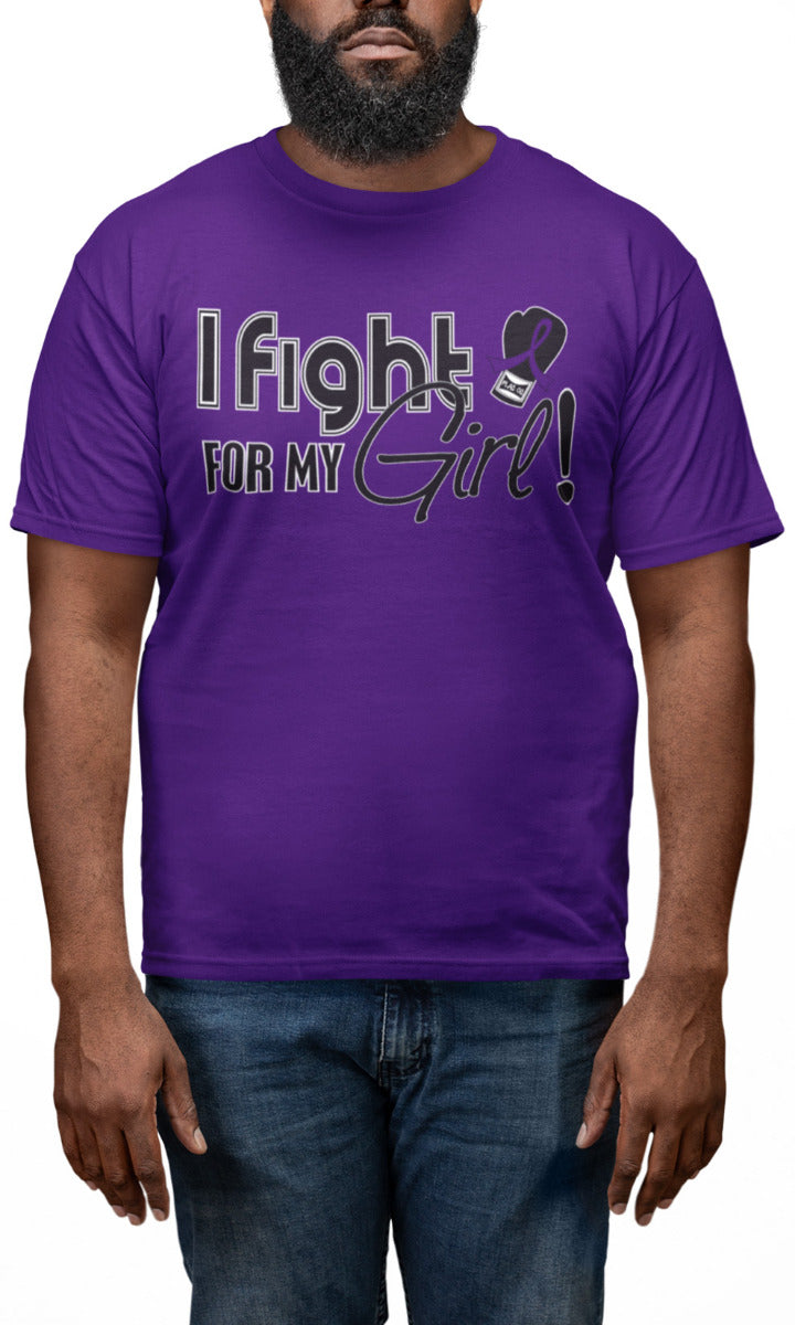 Man wearing a purple unisex t-shirt with the I Fight for My Girl Signature design printed on it.