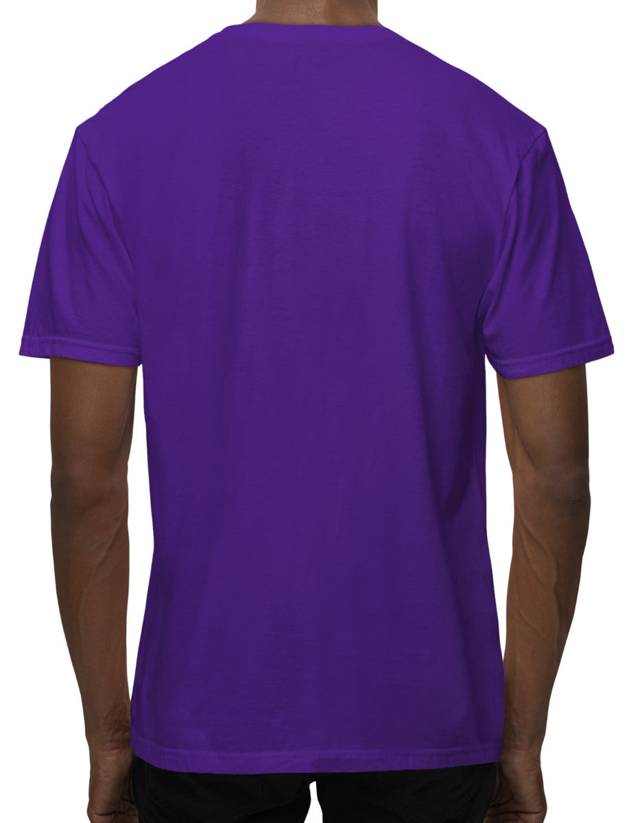 Back of man wearing a purple unisex t-shirt. The back of the shirt doesn't have any artwork printed on it.