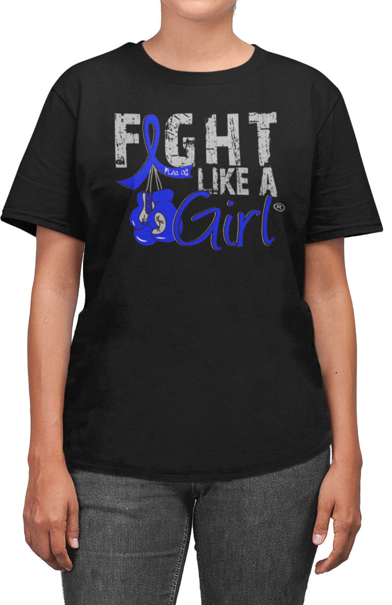 Woman wearing a black unisex t-shirt with the Fight Like a Girl Knockout design in blue on the front. The design says "Fight Like a Girl" and includes boxing gloves hanging from a blue awareness ribbon.