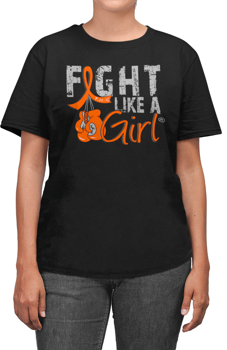 Woman wearing a black unisex t-shirt with the Fight Like a Girl Knockout design in orange on the front. The design says "Fight Like a Girl" and includes boxing gloves hanging from an orange awareness ribbon.