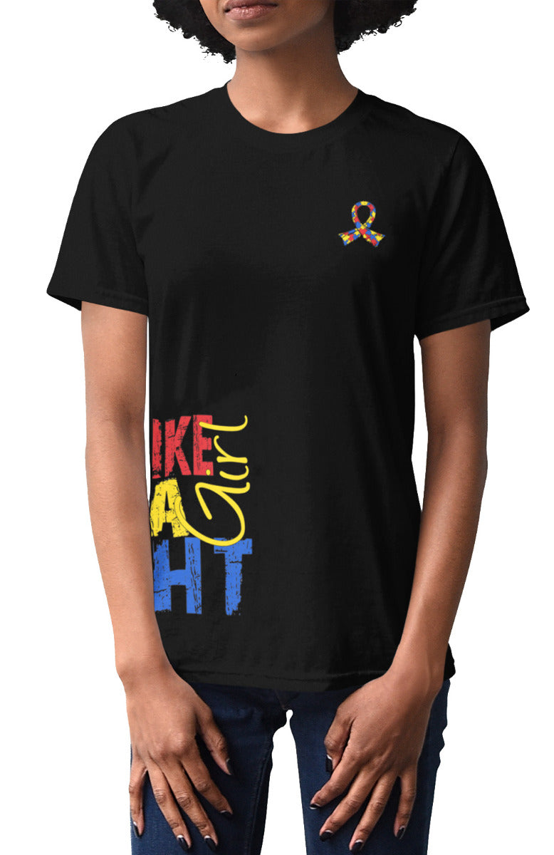 Woman wearing a black unisex t-shirt with the Fight Like a Girl Side Wrap design in autism puzzle colors printed on it.