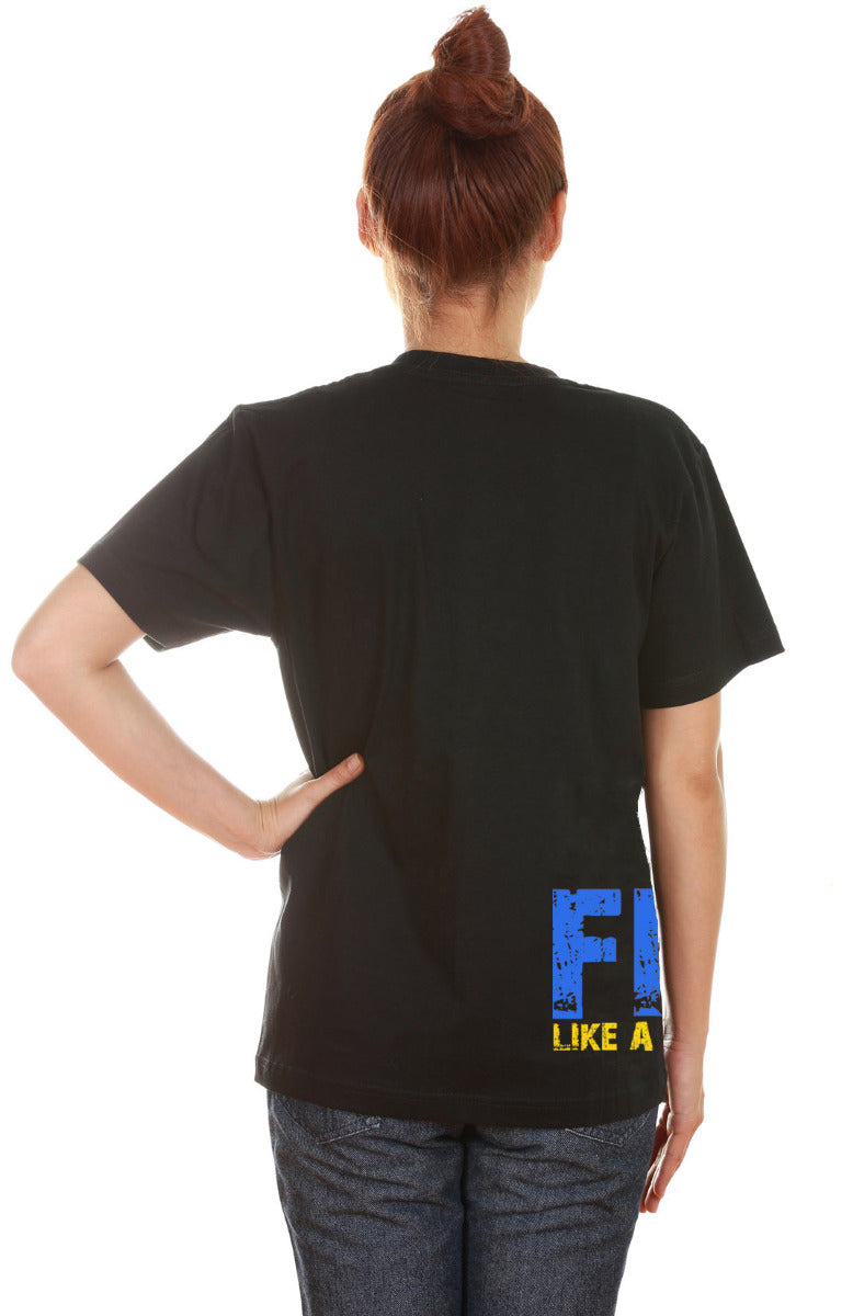 Back of woman wearing a black unisex t-shirt. Part of the autism puzzle Fight Like a Girl Side Wrap design printed on the shirt can be seen from the back.