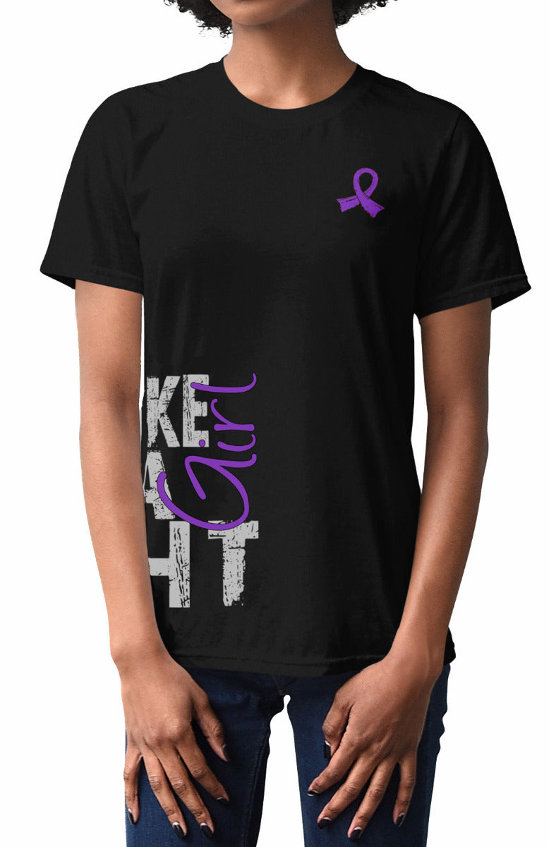 Woman wearing a black unisex t-shirt with the Fight Like a Girl Side Wrap design in purple printed on it.