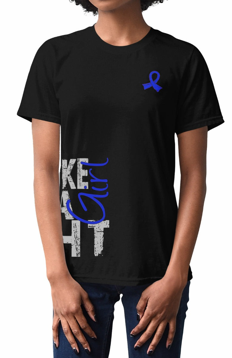 Woman wearing a black unisex t-shirt with the Fight Like a Girl Side Wrap design in blue printed on it.