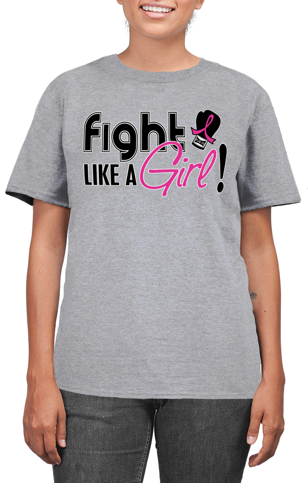Fight Like a Girl Signature Unisex T-Shirt - Heather Grey w/ Pink