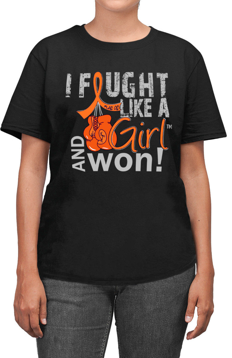 Woman wearing a black unisex t-shirt with the I Fought Like a Girl Knockout design in orange printed on it.