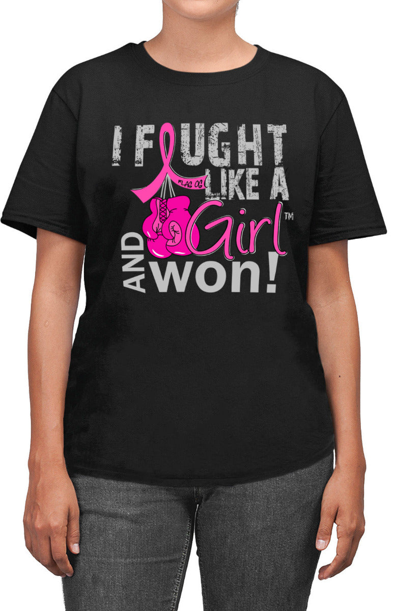 Woman wearing a black unisex t-shirt with the I Fought Like a Girl Knockout design in pink printed on it.