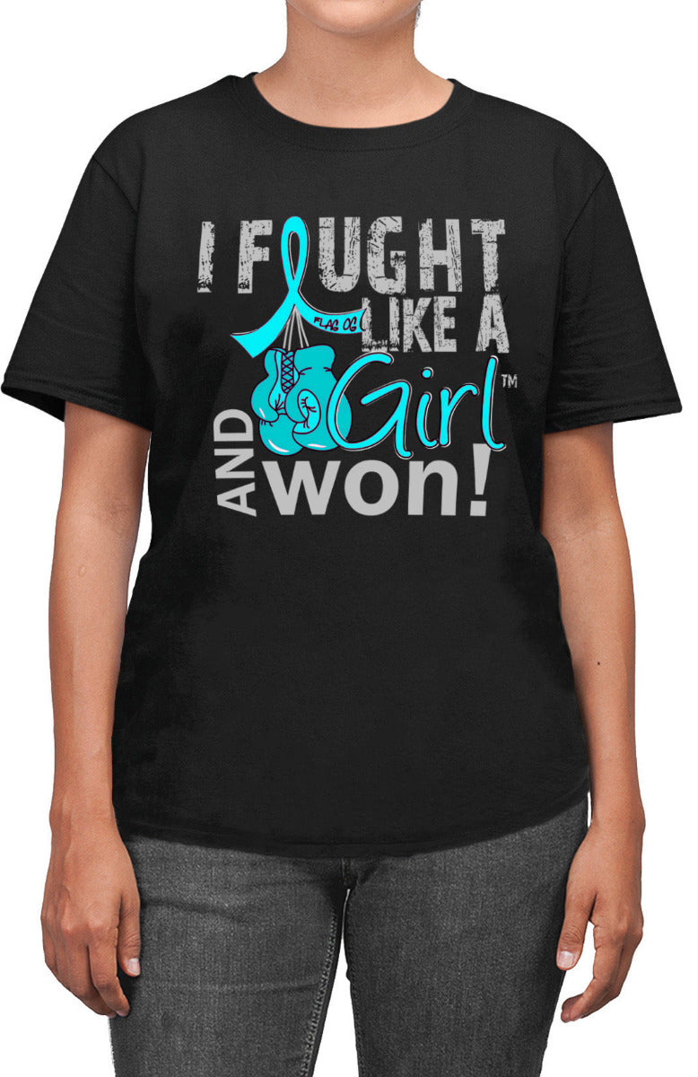 Woman wearing a black unisex t-shirt with the I Fought Like a Girl Knockout design in teal printed on it.