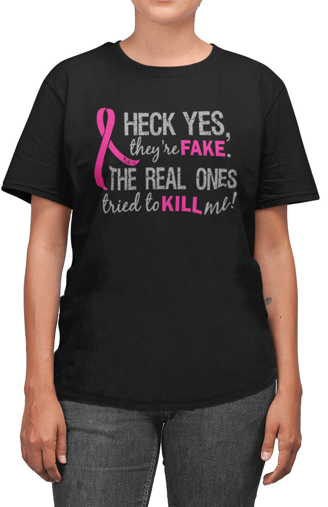 Heck Yes, They're Fake Unisex T-Shirt - Black w/ Pink