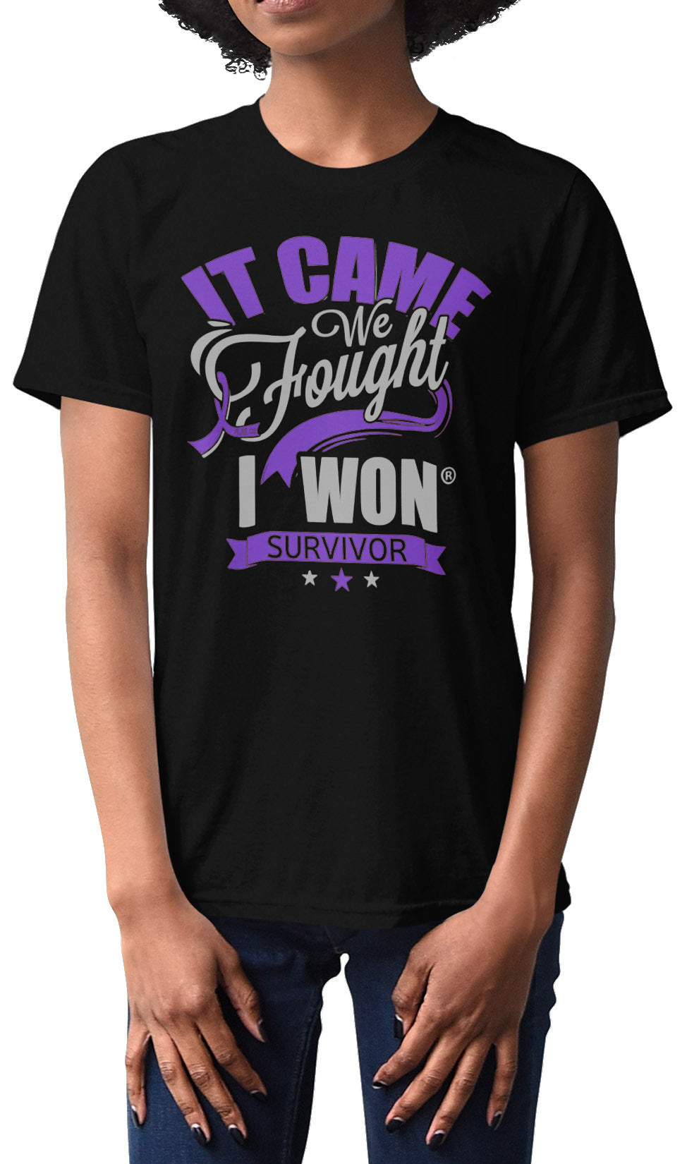 It Came. We Fought. I Won. Unisex T-Shirt - Black w/ Purple
