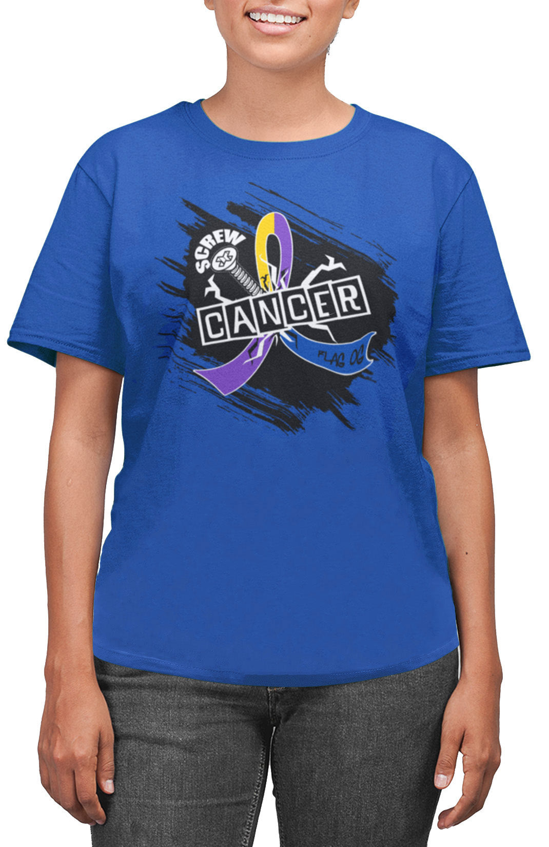 Screw Cancer Unisex T-Shirt - Blue, Purple, & Marigold