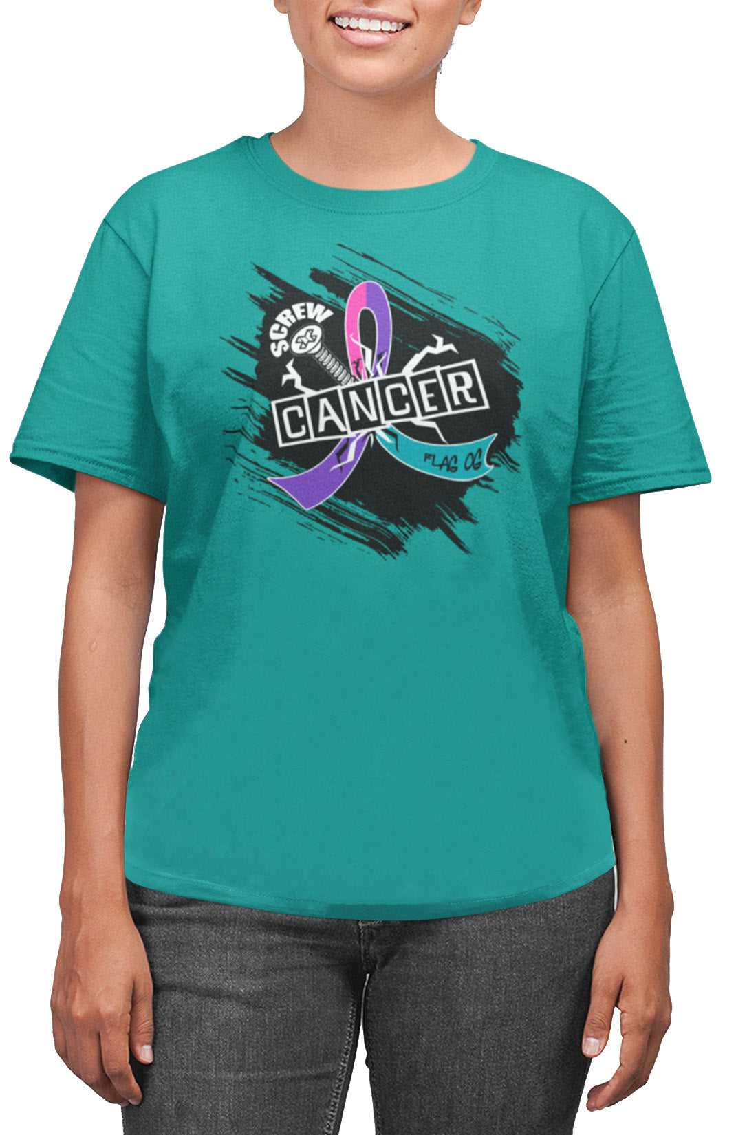Screw Cancer Unisex T-Shirt - Teal, Purple, & Pink