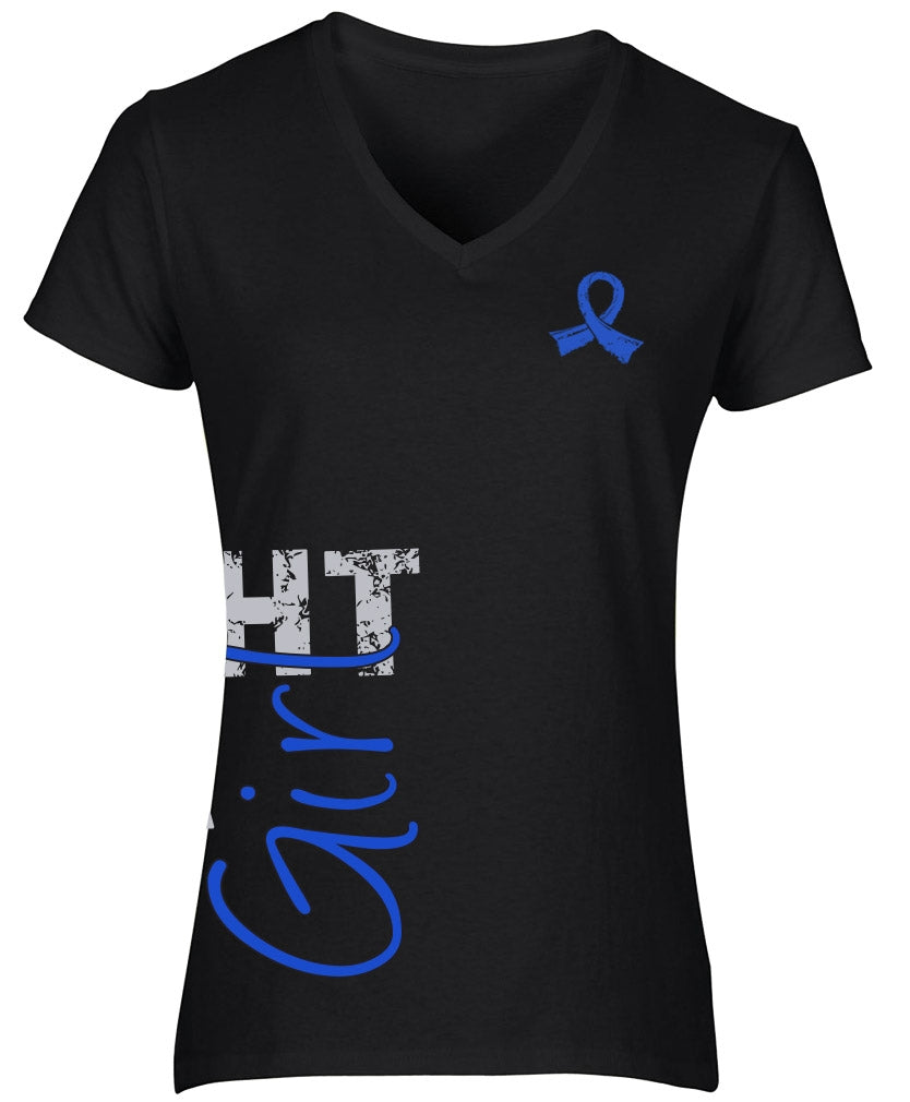 "Fight Like a Girl Side Wrap" Ladies V-Neck T-Shirt - Black w/ Blue