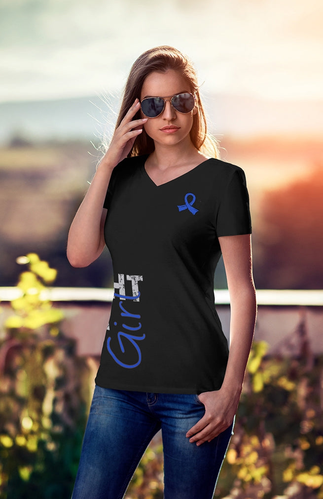 "Fight Like a Girl Side Wrap" Ladies V-Neck T-Shirt - Black w/ Blue