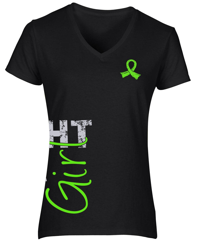 "Fight Like a Girl Side Wrap" Ladies V-Neck T-Shirt - Black w/ Lime Green