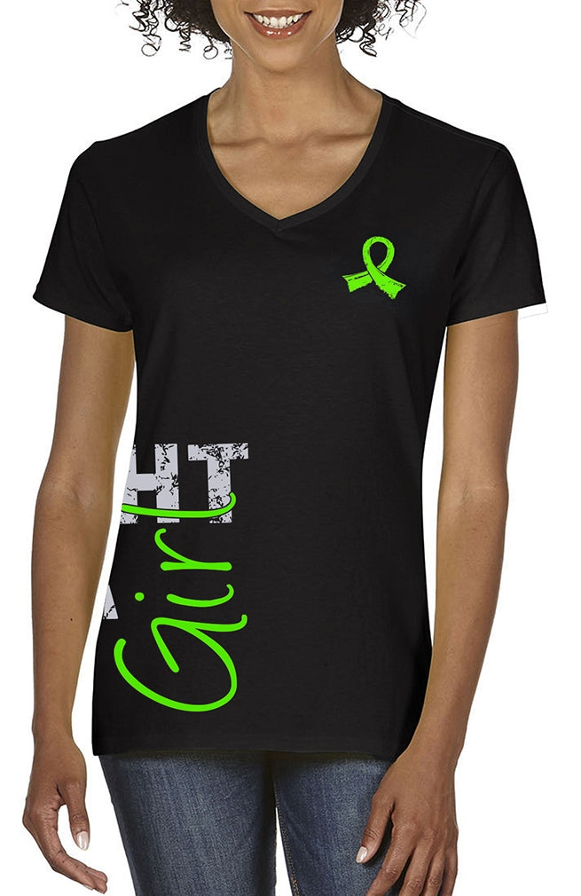 "Fight Like a Girl Side Wrap" Ladies V-Neck T-Shirt - Black w/ Lime Green