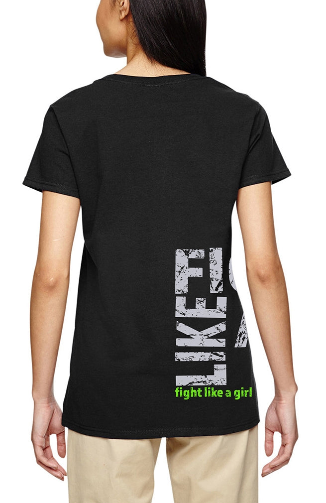 "Fight Like a Girl Side Wrap" Ladies V-Neck T-Shirt - Black w/ Lime Green