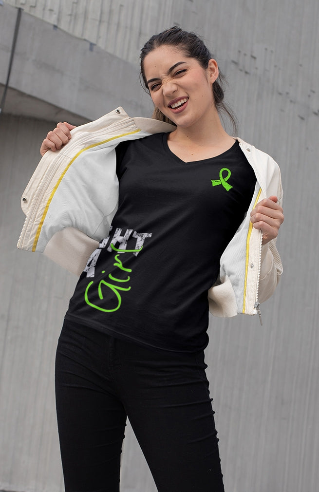 "Fight Like a Girl Side Wrap" Ladies V-Neck T-Shirt - Black w/ Lime Green