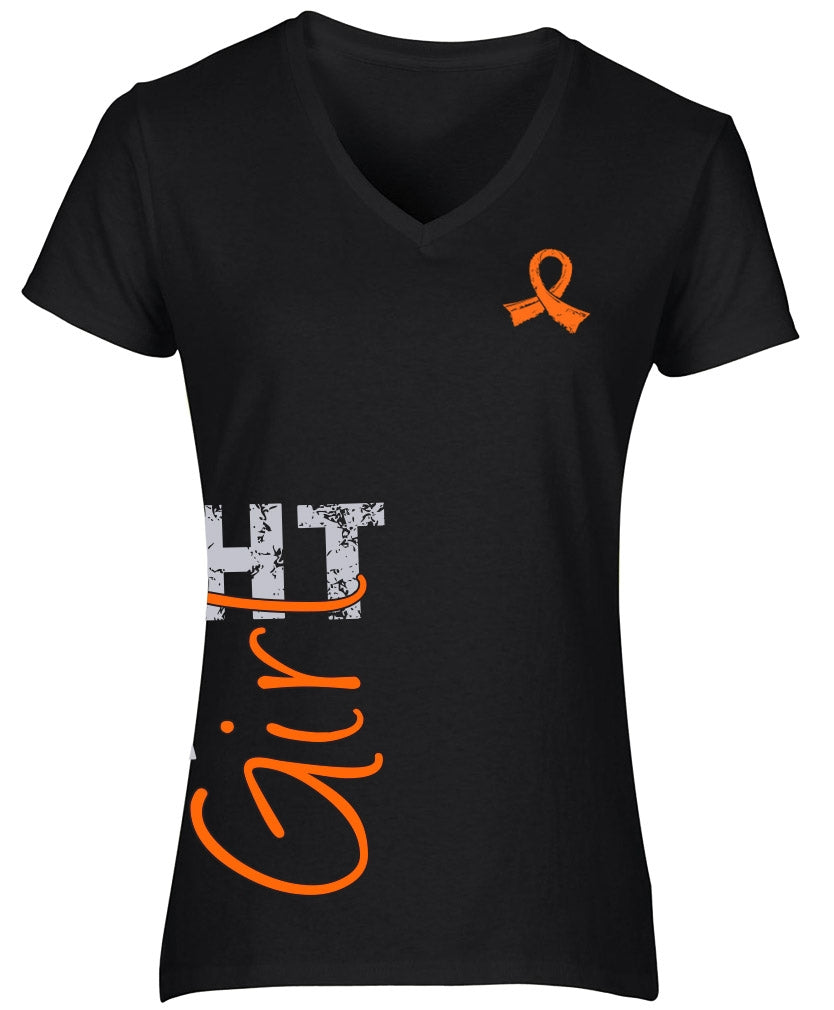 "Fight Like a Girl Side Wrap" Ladies V-Neck T-Shirt - Black w/ Orange