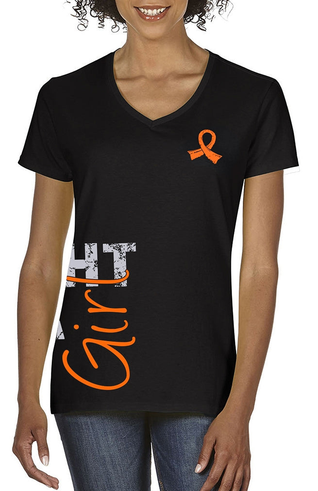 "Fight Like a Girl Side Wrap" Ladies V-Neck T-Shirt - Black w/ Orange