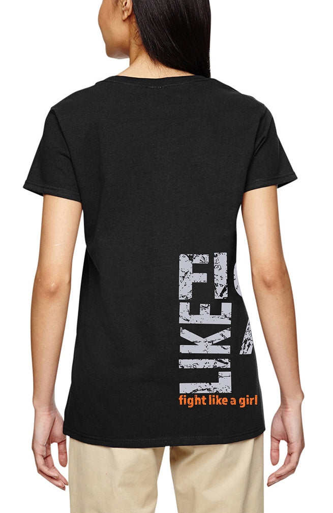 "Fight Like a Girl Side Wrap" Ladies V-Neck T-Shirt - Black w/ Orange