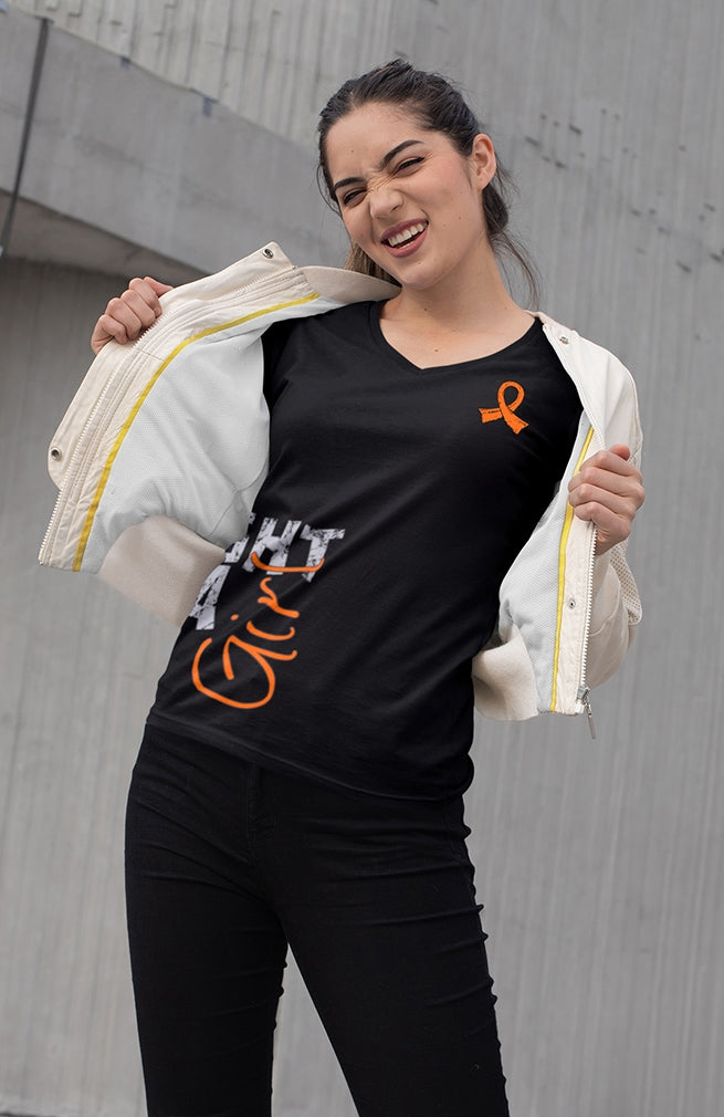 "Fight Like a Girl Side Wrap" Ladies V-Neck T-Shirt - Black w/ Orange