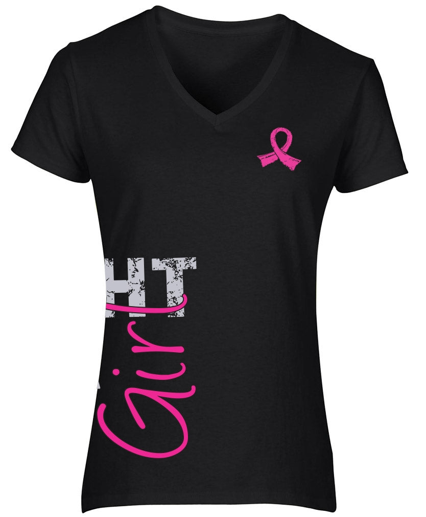"Fight Like a Girl Side Wrap" Ladies V-Neck T-Shirt - Black w/ Pink