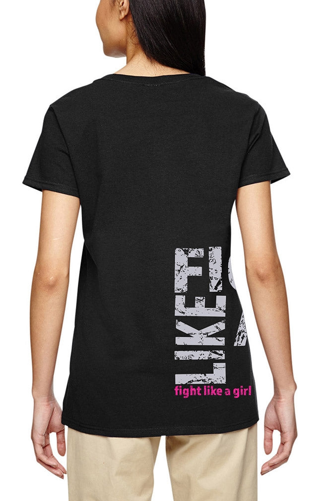 "Fight Like a Girl Side Wrap" Ladies V-Neck T-Shirt - Black w/ Pink
