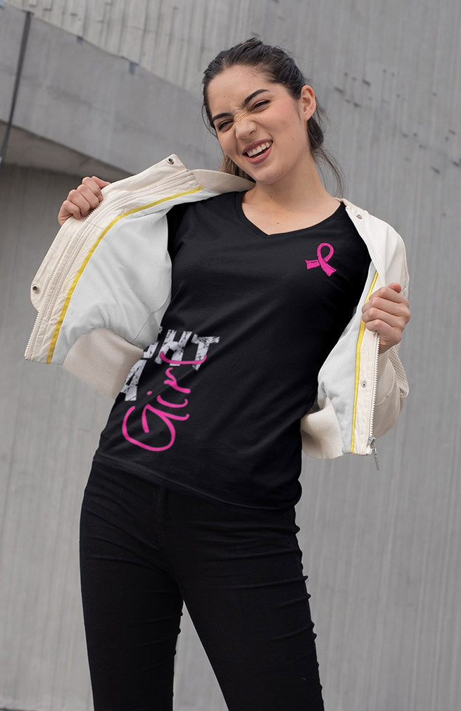 "Fight Like a Girl Side Wrap" Ladies V-Neck T-Shirt - Black w/ Pink