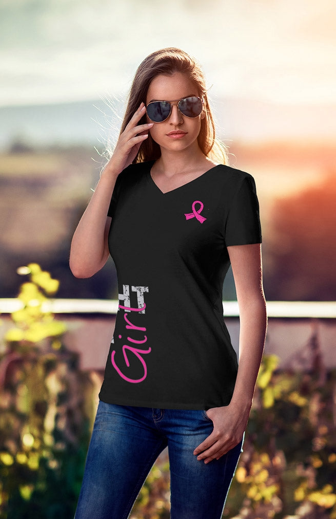 "Fight Like a Girl Side Wrap" Ladies V-Neck T-Shirt - Black w/ Pink