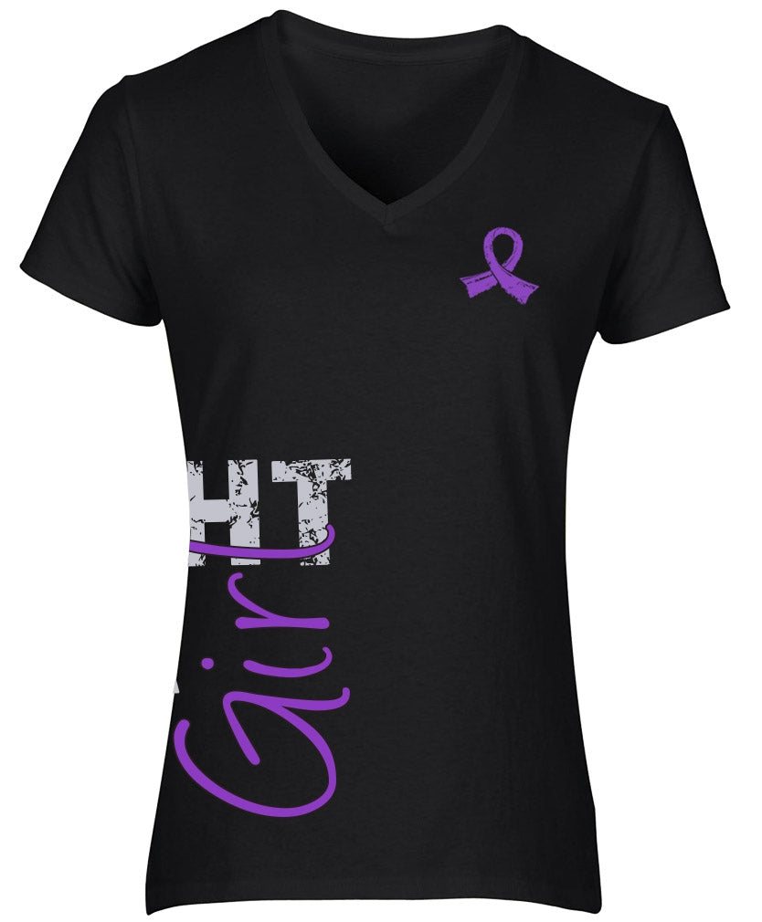 "Fight Like a Girl Side Wrap" Ladies V-Neck T-Shirt - Black w/ Purple