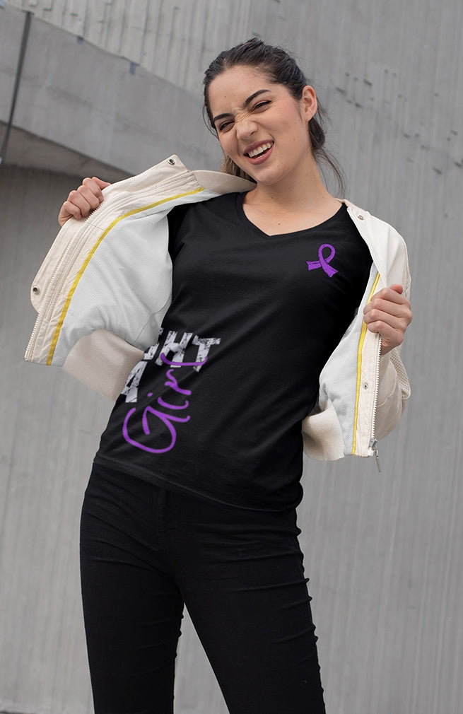 "Fight Like a Girl Side Wrap" Ladies V-Neck T-Shirt - Black w/ Purple