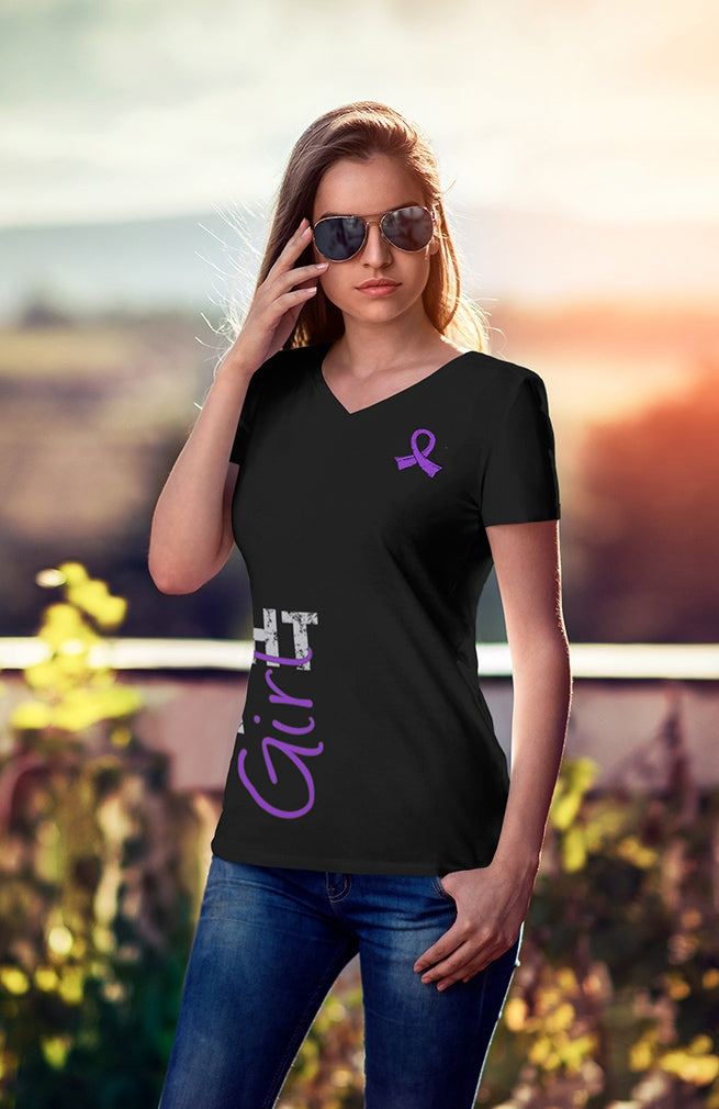 "Fight Like a Girl Side Wrap" Ladies V-Neck T-Shirt - Black w/ Purple
