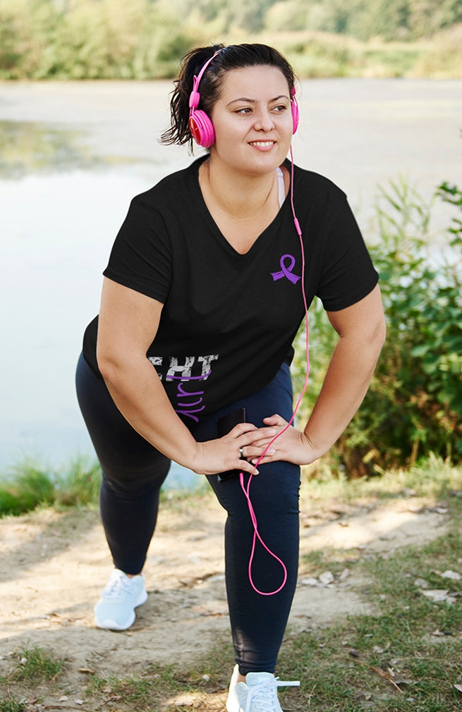 "Fight Like a Girl Side Wrap" Ladies V-Neck T-Shirt - Black w/ Purple